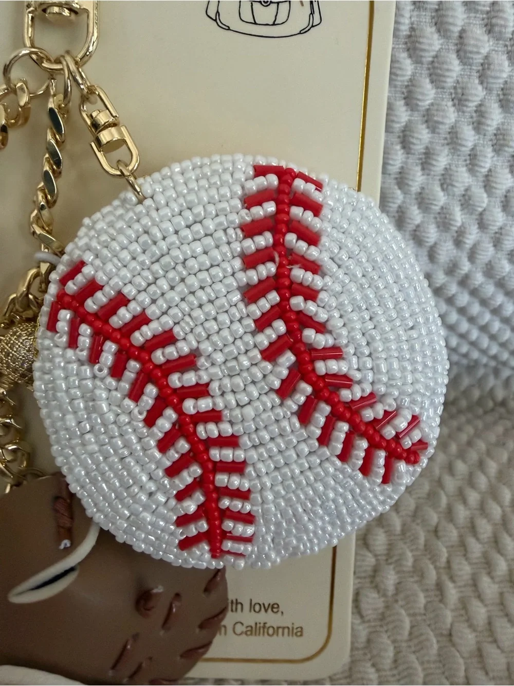 NEW - EYE CANDY Baseball Themed Bag Charm & Keychain w/leather, beads, gold-tone
